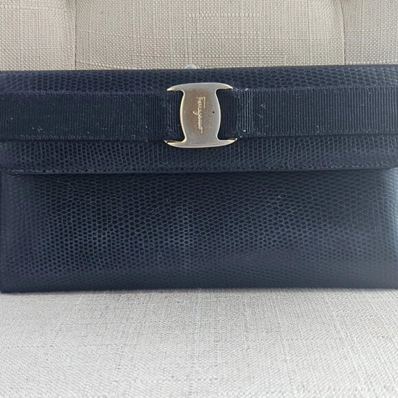 Salvatore Ferragamo Handbags - Salvatore Ferragamo Clutch Long Wallet Black Leather Trifold Purse Made in Italy